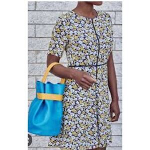 3722) Banana Republic Yellow Black Floral Print Short Sleeve A Line Dress Size 6